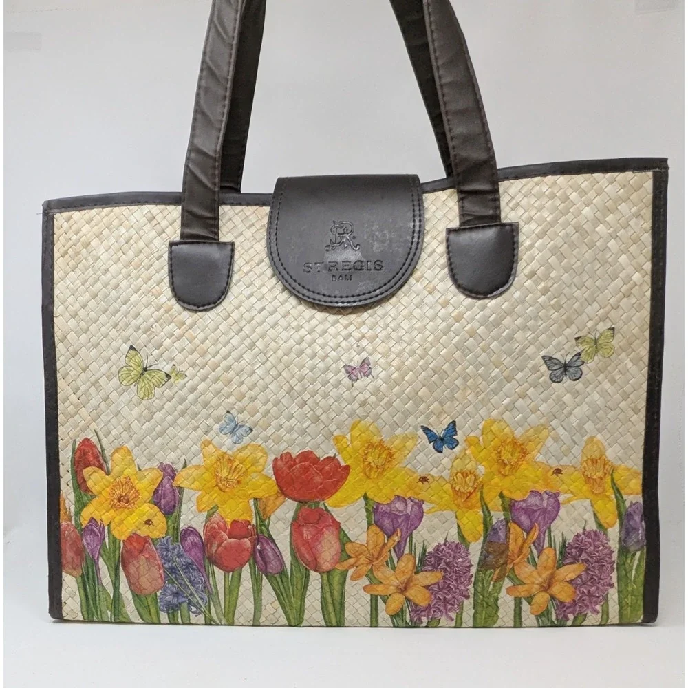 St. Regis Bali Large Lightweight Beach Tote Handwoven Straw Resort Bag Flowers